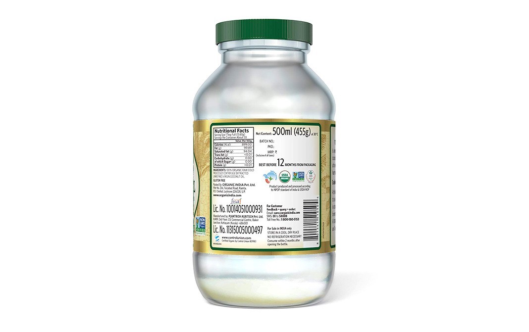 Organic India Virgin Coconut Oil (Cold Pressed-Centrifuged)   Bottle  500 millilitre